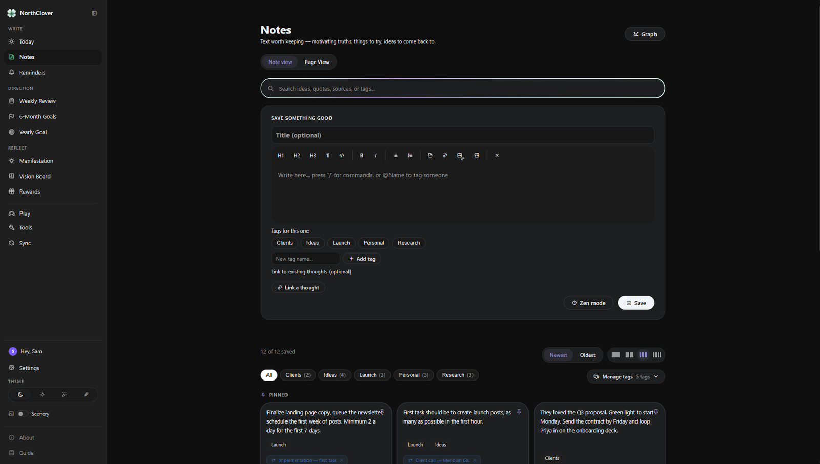 The actual NorthClover desktop app: Notes in Page View, with search, tags, and linked thoughts