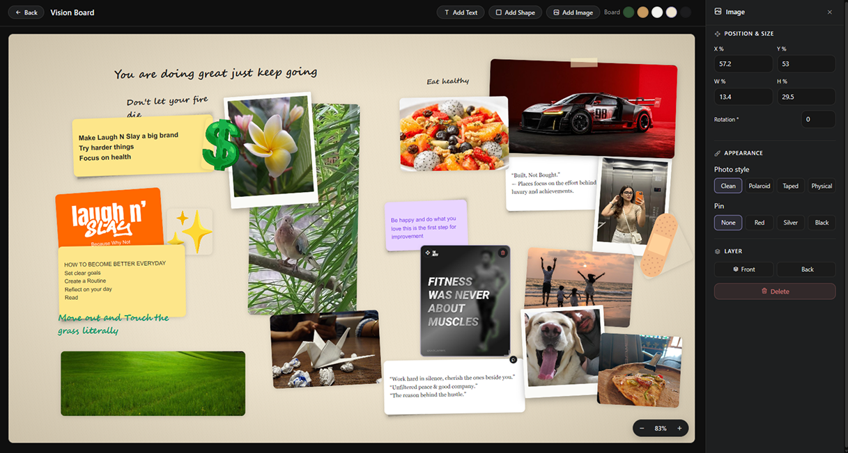 Actual NorthClover Vision Board with pinned images, aspirations, and personal notes